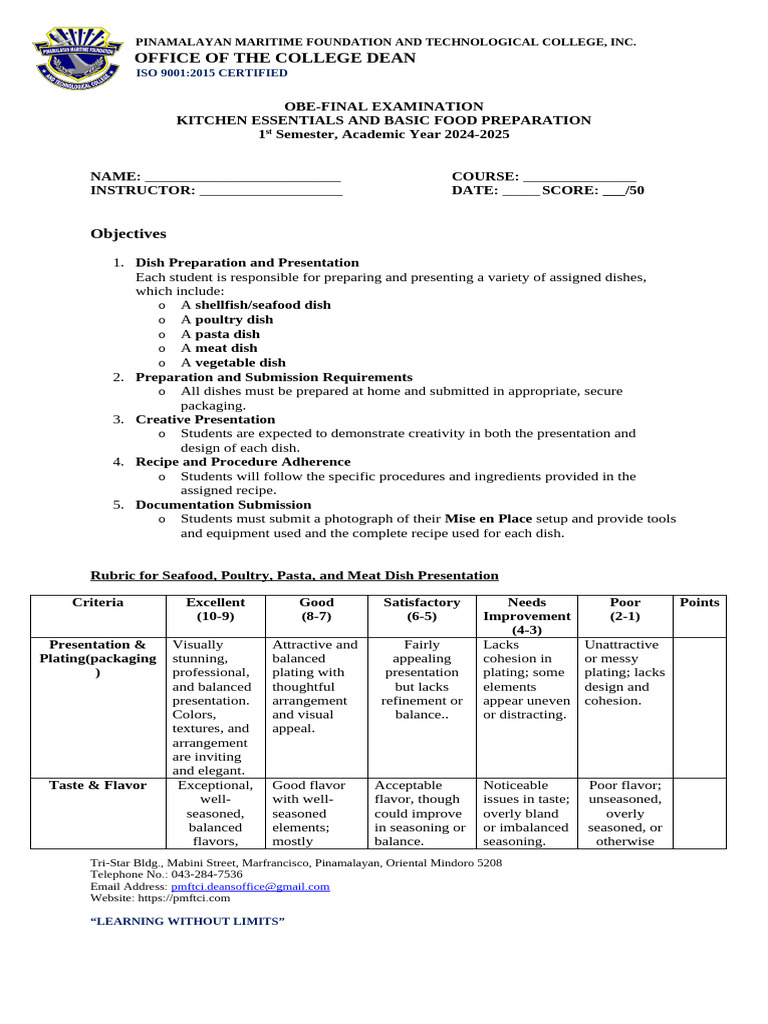 Kitchen Essentials Exam Rubric 2024 | PDF | Foods | Cooking