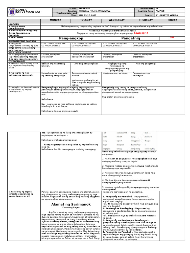 DLL - Filipino 6 - Q3 - W4 | PDF