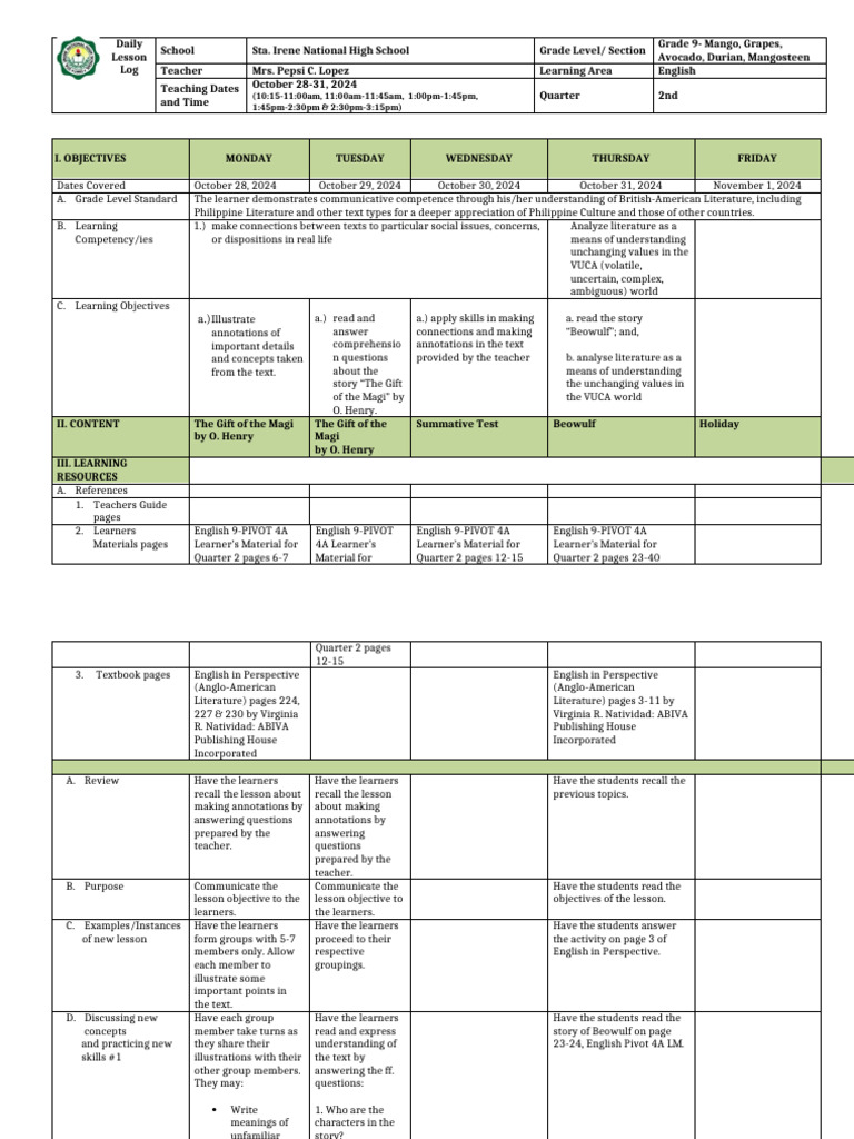 Grade 9 English Lesson Log: Oct 2024 | PDF | Cognition | Learning