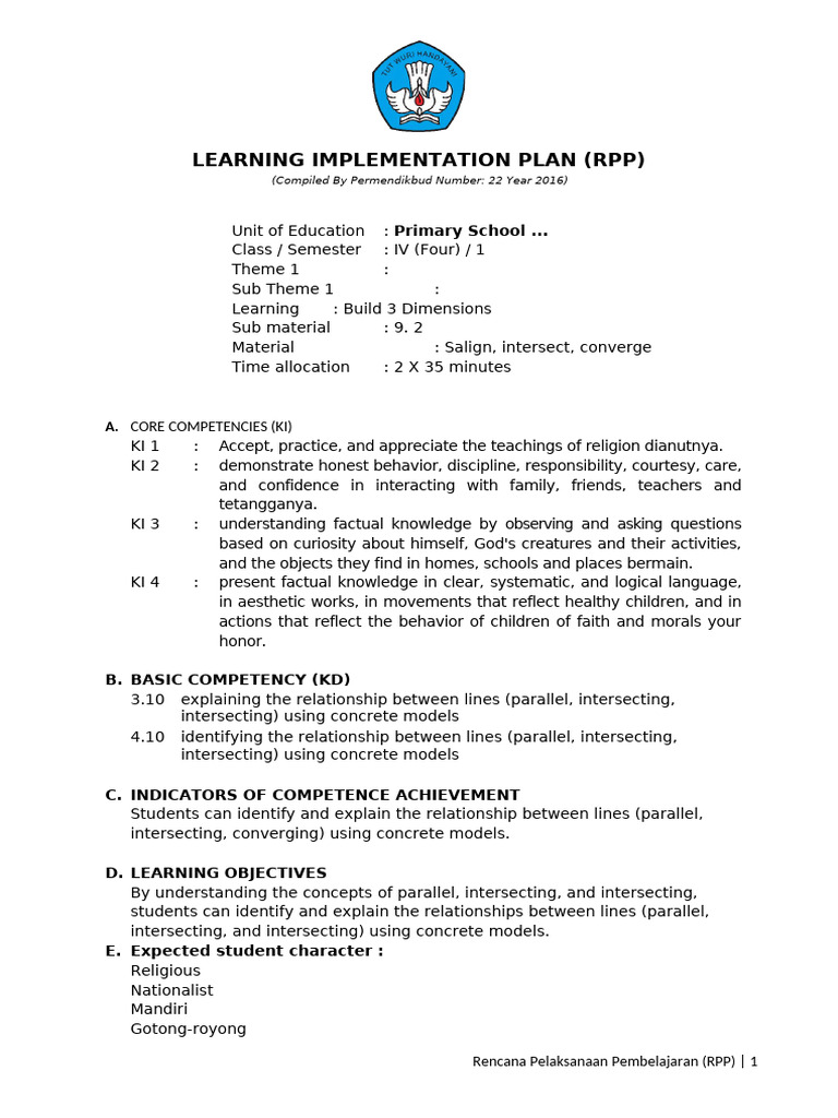 RPP for Grade 4: Line Relationships | PDF | Teachers | Knowledge