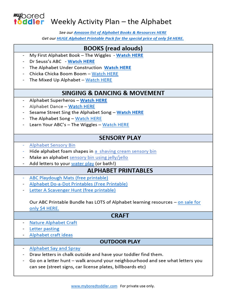 My Bored Toddler Alphabet Weekly Plan 2023 | PDF