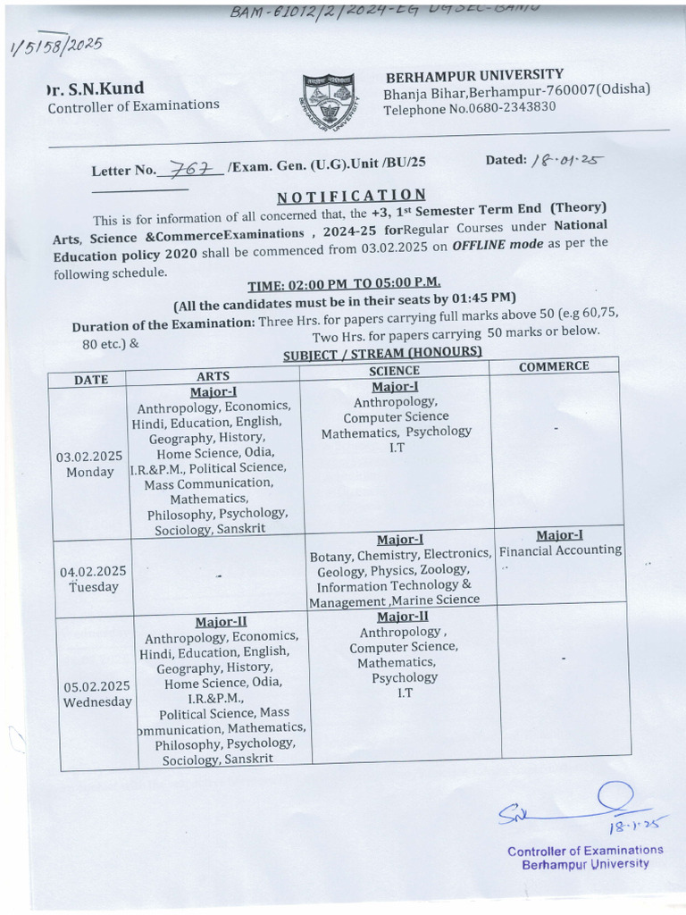 Berhampur University 1st Semester Exam 2025 | PDF | Science | Liberal ...