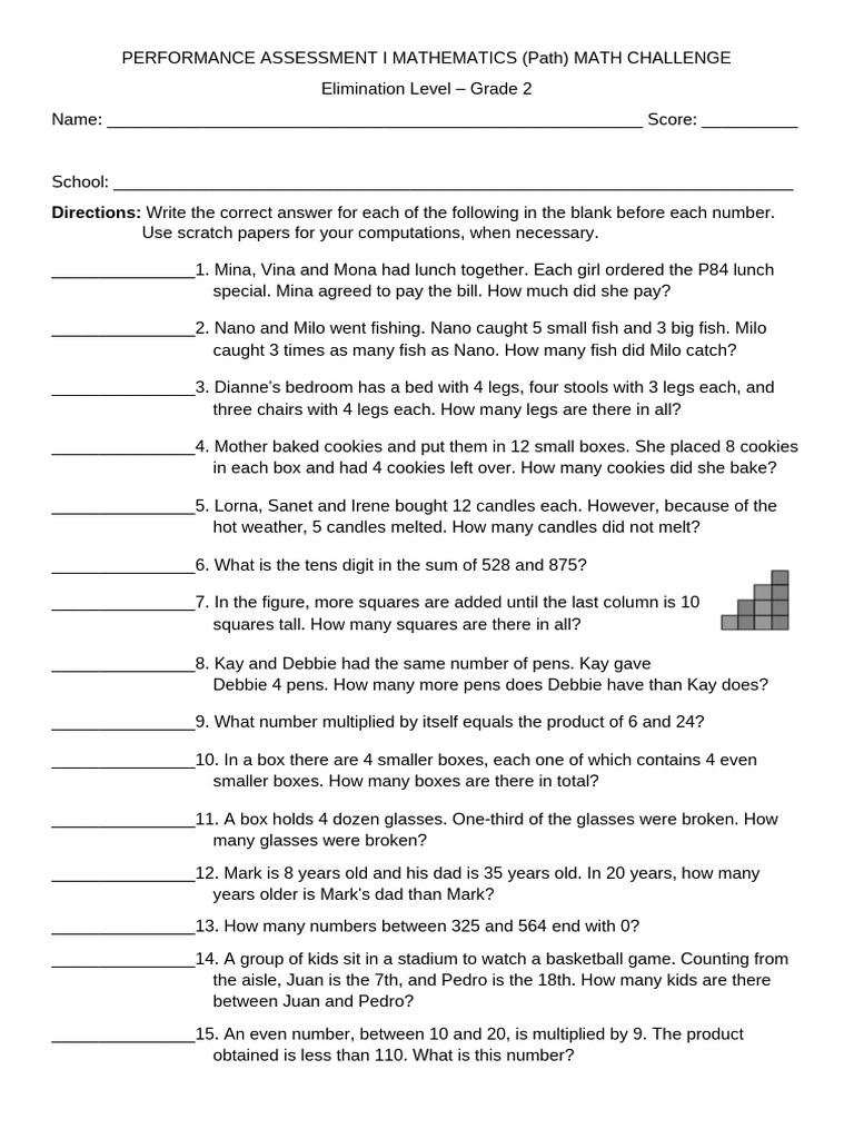 Grade 2 Math Challenge Assessment | PDF | Area | Triangle
