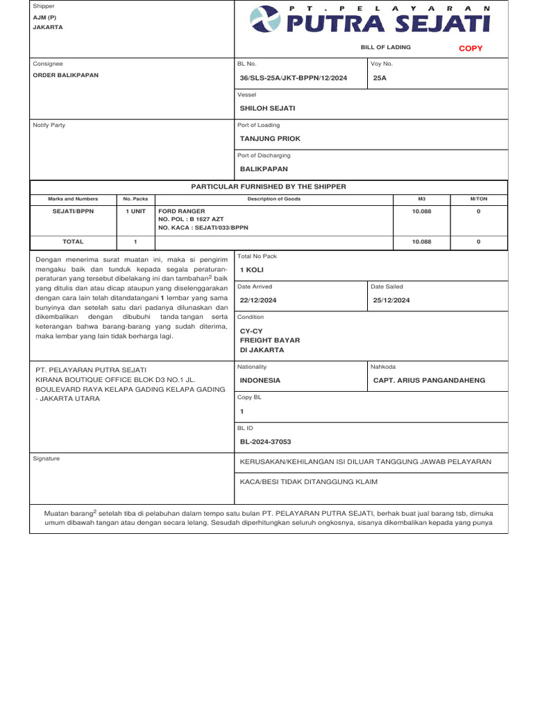 Bill of Lading Ford Ranger | PDF