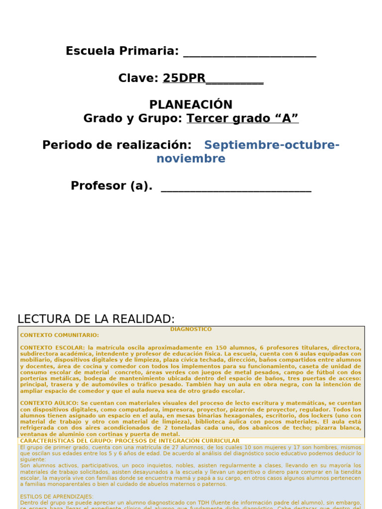 Planeación Educativa Tercer Grado A | PDF | Alimentos | Salón de clases