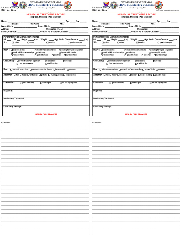 Individual Treatment Record Form Medical Check Up Form | PDF | Diseases ...