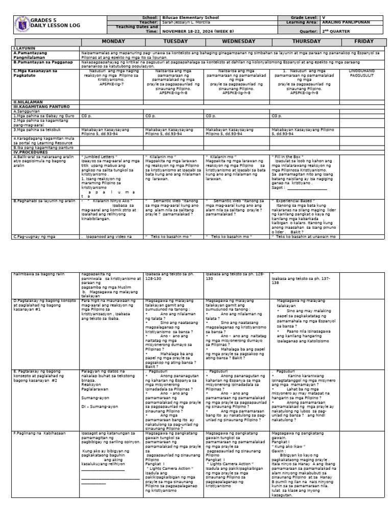 DLL - Araling Panlipunan 5 - Q2 - W8 | PDF