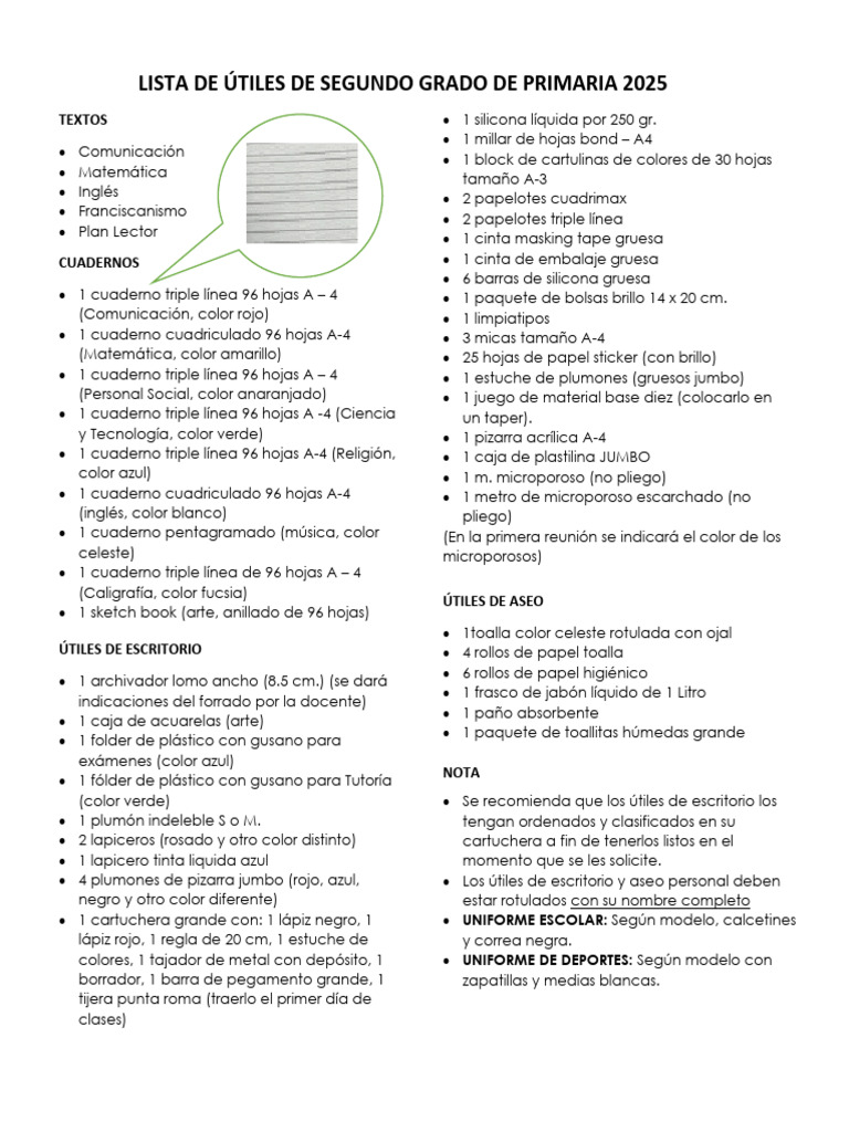 Útiles Escolares Segundo Grado 2025 | PDF | Cuaderno | Color
