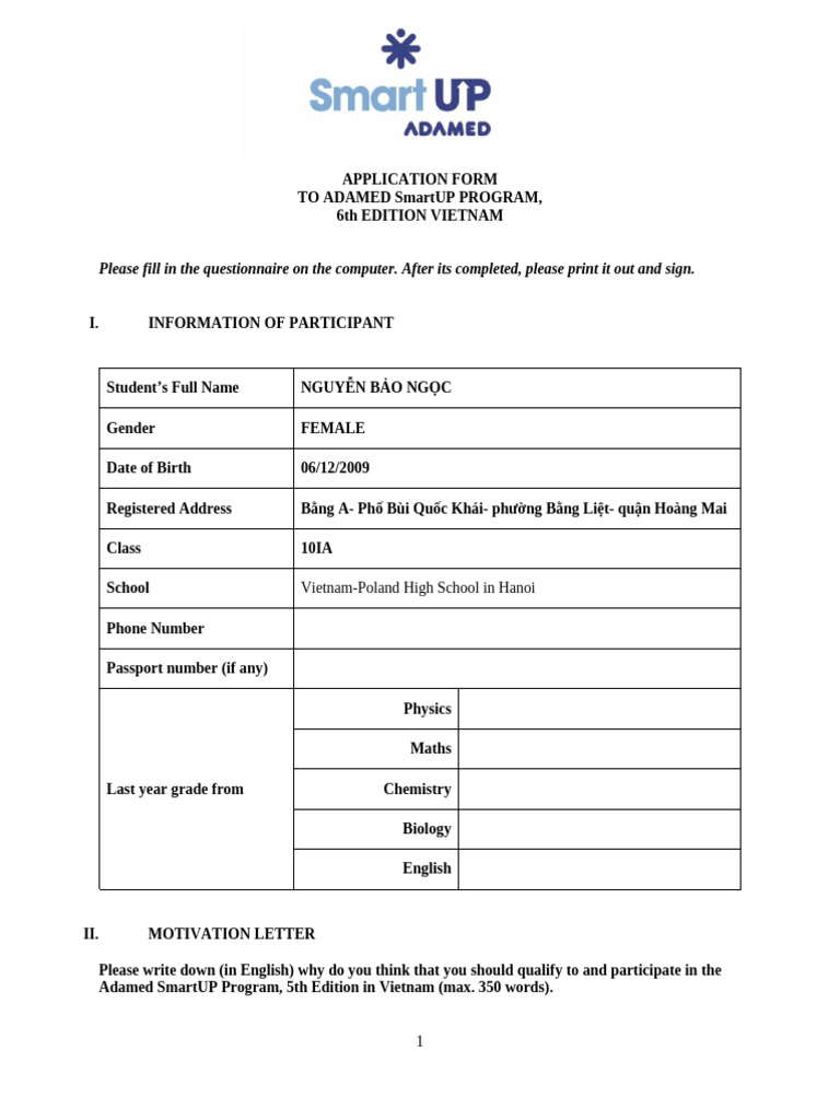 ĐƠN_Adamed_Application Form_ASU 5th Edition (EN) | PDF