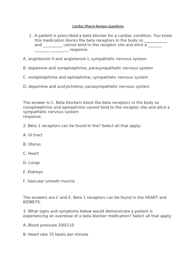 Cardiac Pharm Review Questions | PDF | Heart | Heart Rate