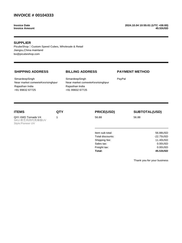 Invoice #00104333 for Custom Speed Cube | PDF