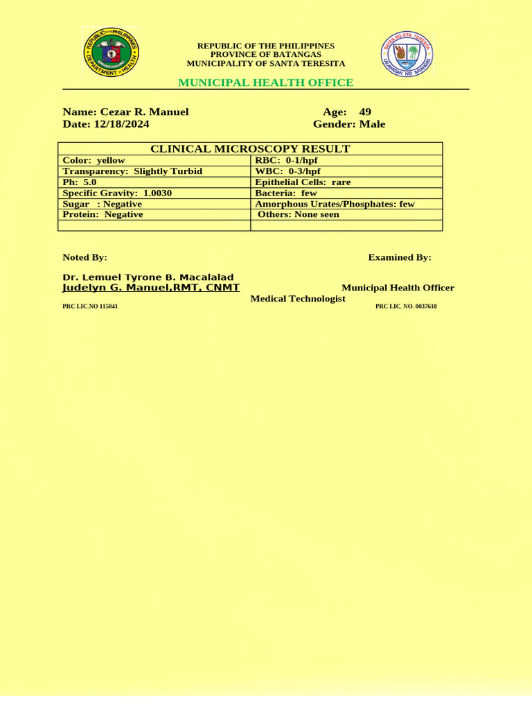 urinalysis result form | PDF | Body Fluids | Cell Biology