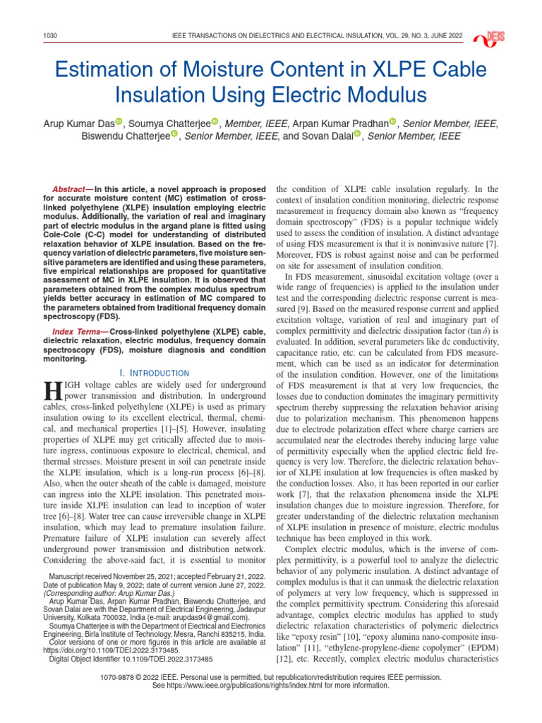 Moisture Estimation in XLPE Insulation | PDF | Dielectric | Permittivity