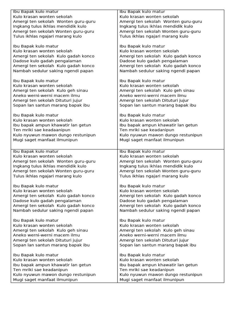 Lirik Lagu Ibu Bapak Kulo Matur | PDF