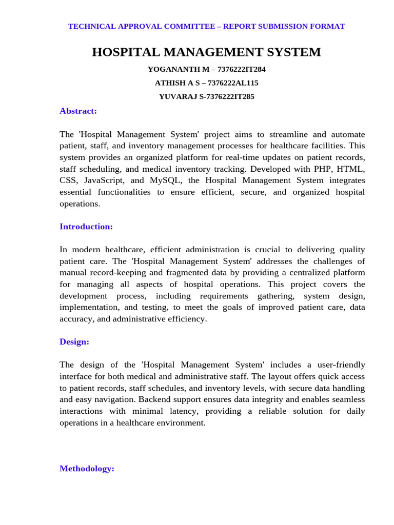 Hospital Management System Report | PDF | Usability | My Sql