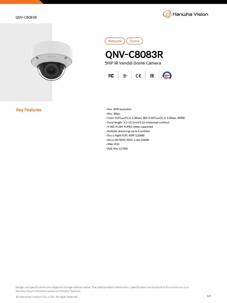5MP IR Vandal Dome Camera QNV-C8083R | PDF | Streaming Media | Camera