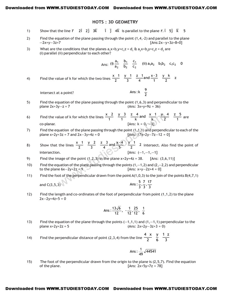 3D Geometry: Planes and Lines Problems | PDF | Line (Geometry ...