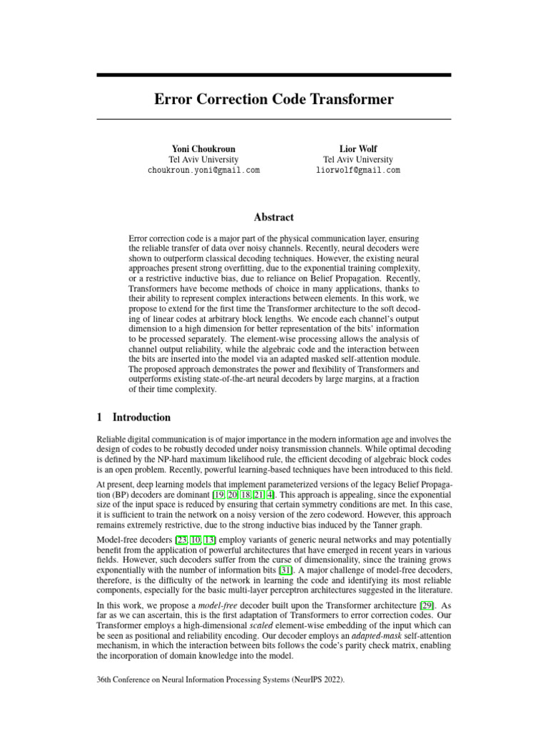 NeurIPS 2022 Error Correction Code Transformer Paper Conference | PDF ...
