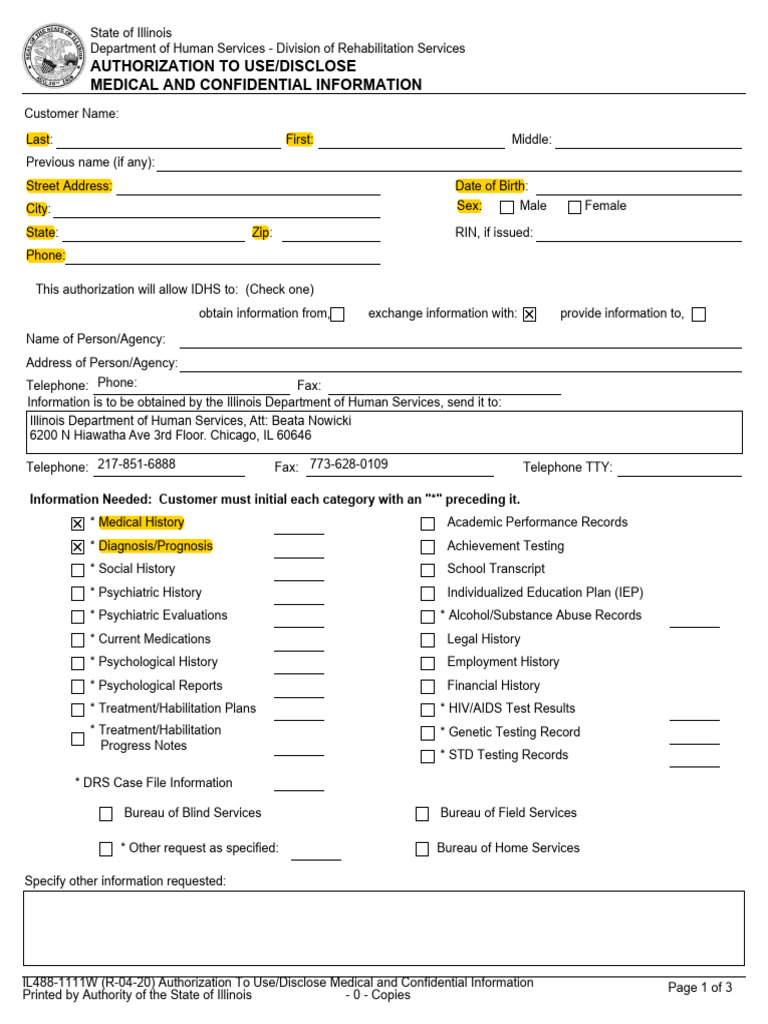 Illinois Medical Information Authorization Form | PDF | Confidentiality ...