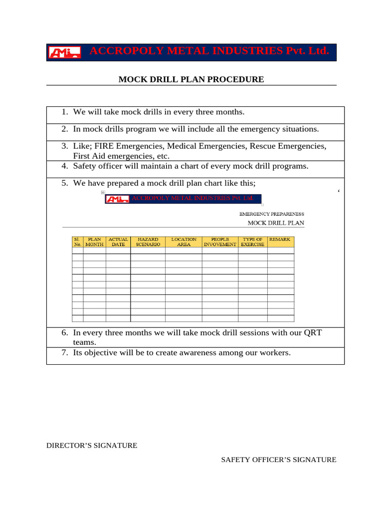 Mock Drill Plan Procedure | PDF
