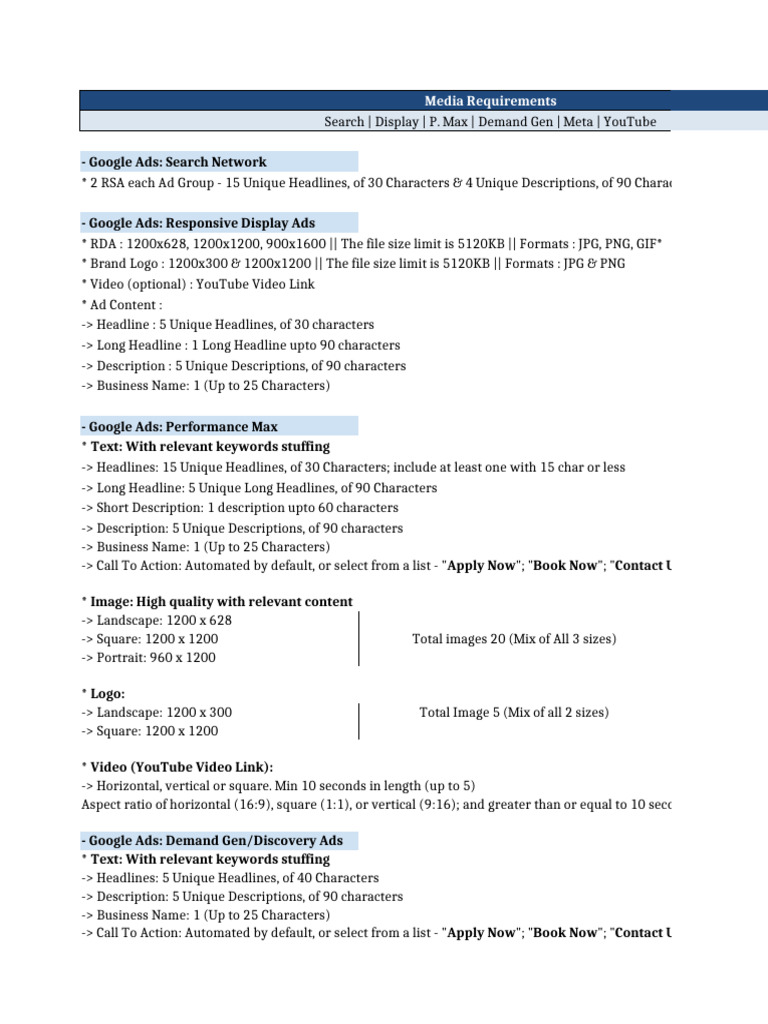Media Requirements for Ad Creatives | PDF | Video | You Tube