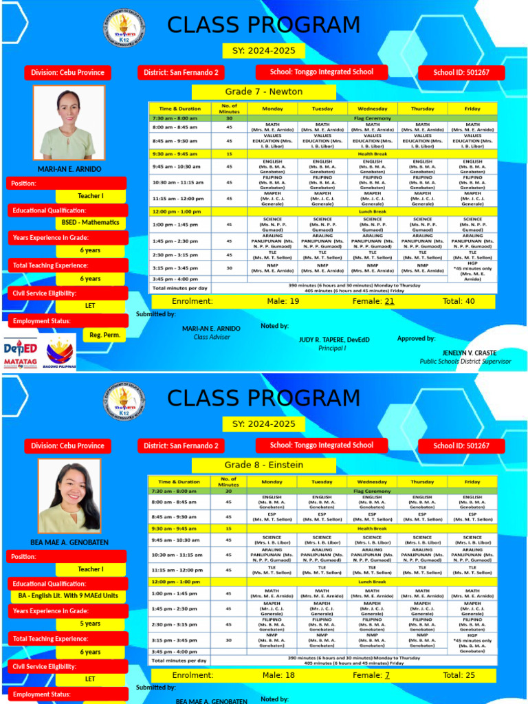 Class Program for Tonggo Integrated School | PDF