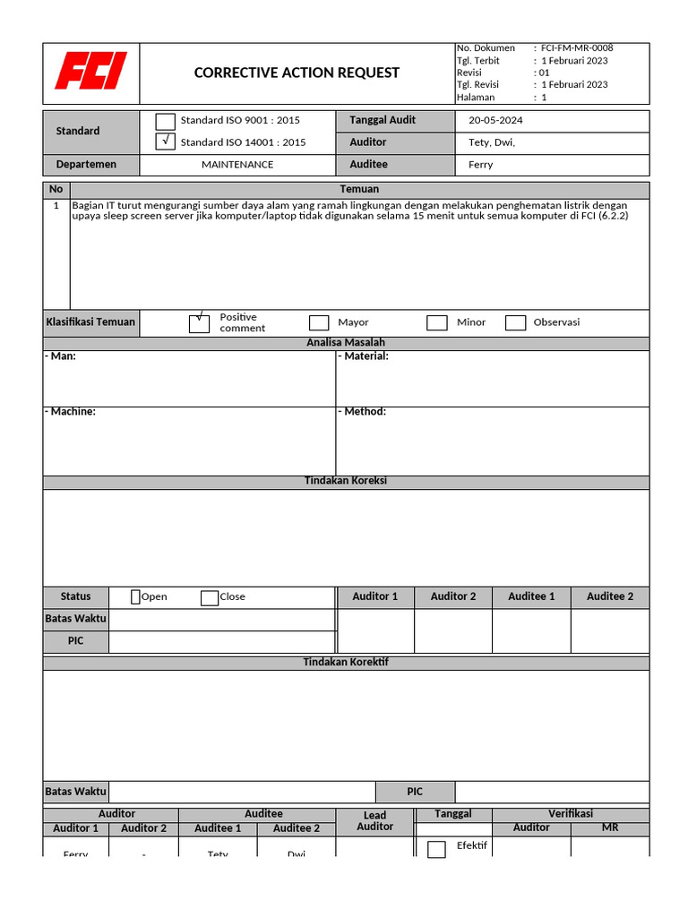 Permintaan Tindakan Korektif ISO 9001 & 14001 | PDF