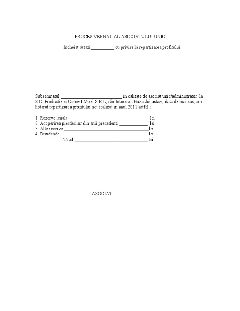 Proces Verbal Al Asociatului Unic