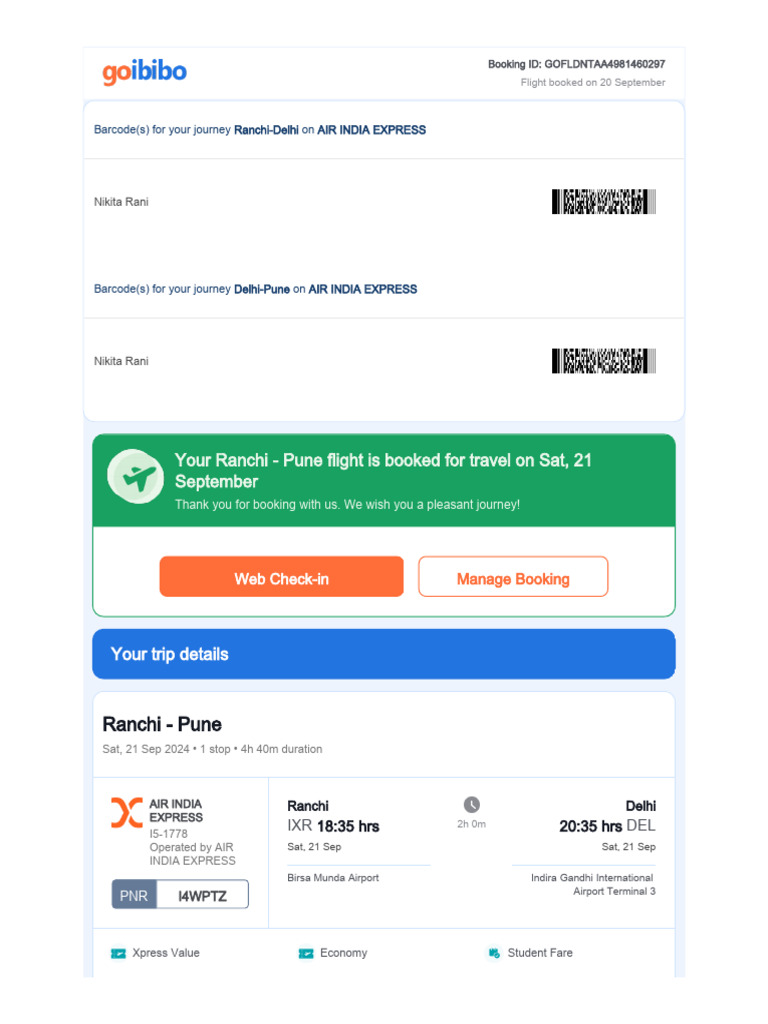 Your Ranchi - Pune Flight Is Booked For Travel On Sat, 21 September ...