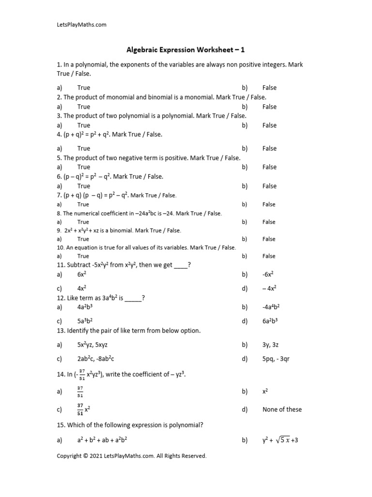 Algebraic Expressions Worksheet-1 | PDF | Polynomial | Discrete Mathematics