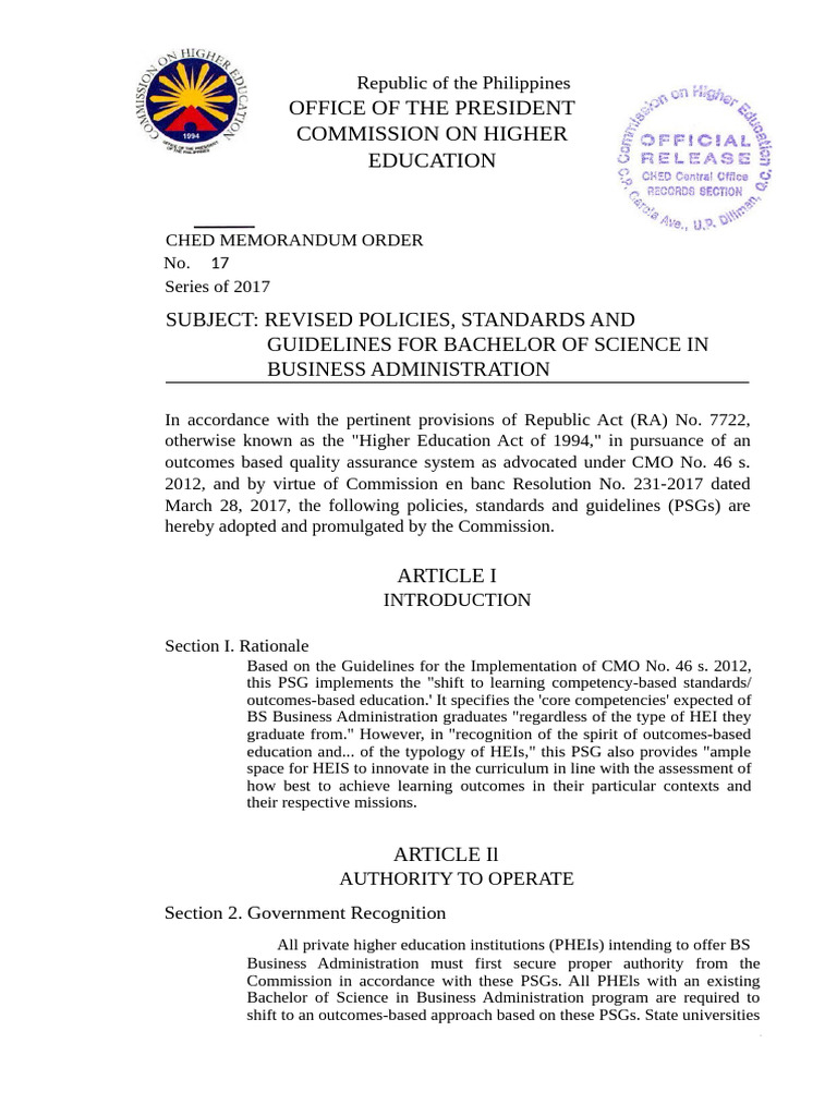 CHED Guidelines for BS Business Administration | PDF | Critical ...