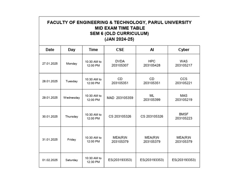 Mid Exam Timetable for SEM 6 2025 | PDF