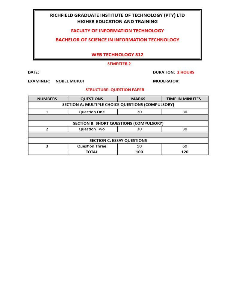 Exam Paper: Web Technology 512 | PDF | Java Script | Software Development