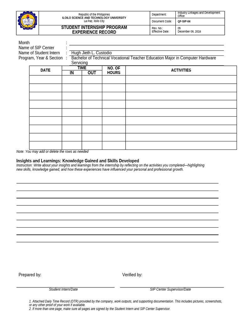 Student Internship Experience Record | PDF
