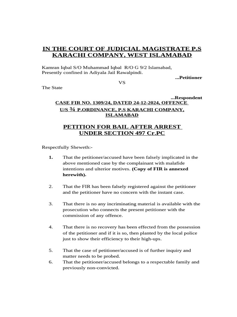 Bail Petition for Kamran Iqbal | PDF | Bail | Common Law