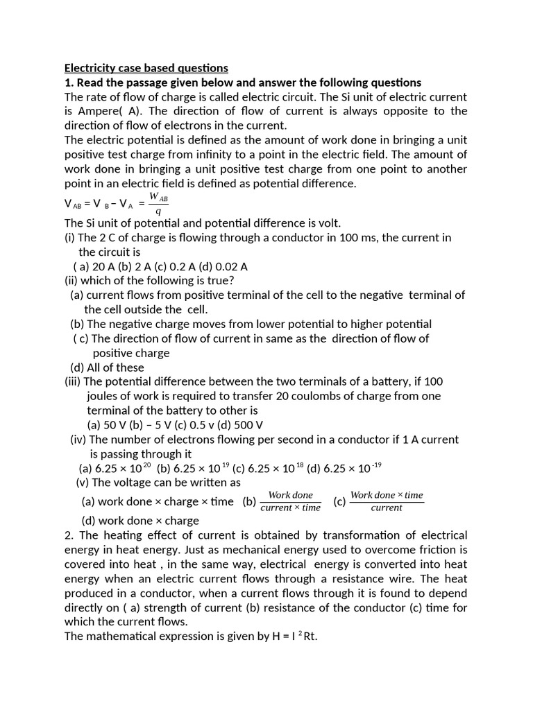 Class 10 Case-Based Questions on Electricity | PDF | Electric Current ...