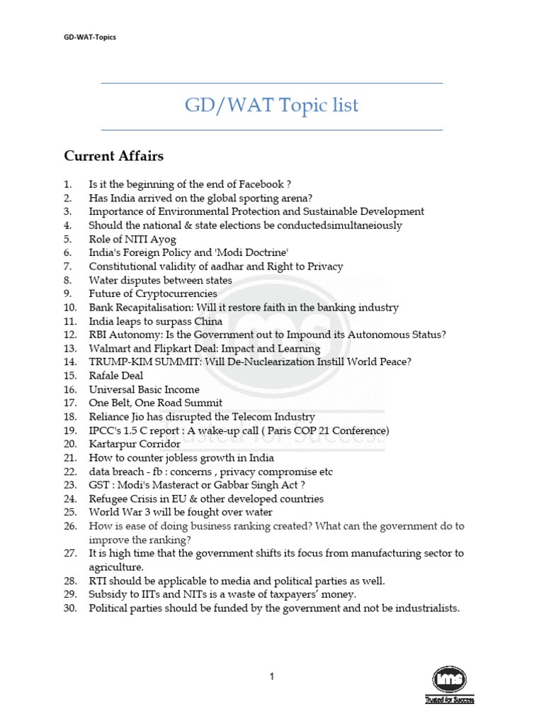 Comprehensive GD/WAT Topic List | PDF | Economies
