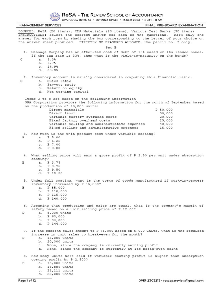 CPA Review Management Services Exam | PDF | Auditor's Report | Going ...