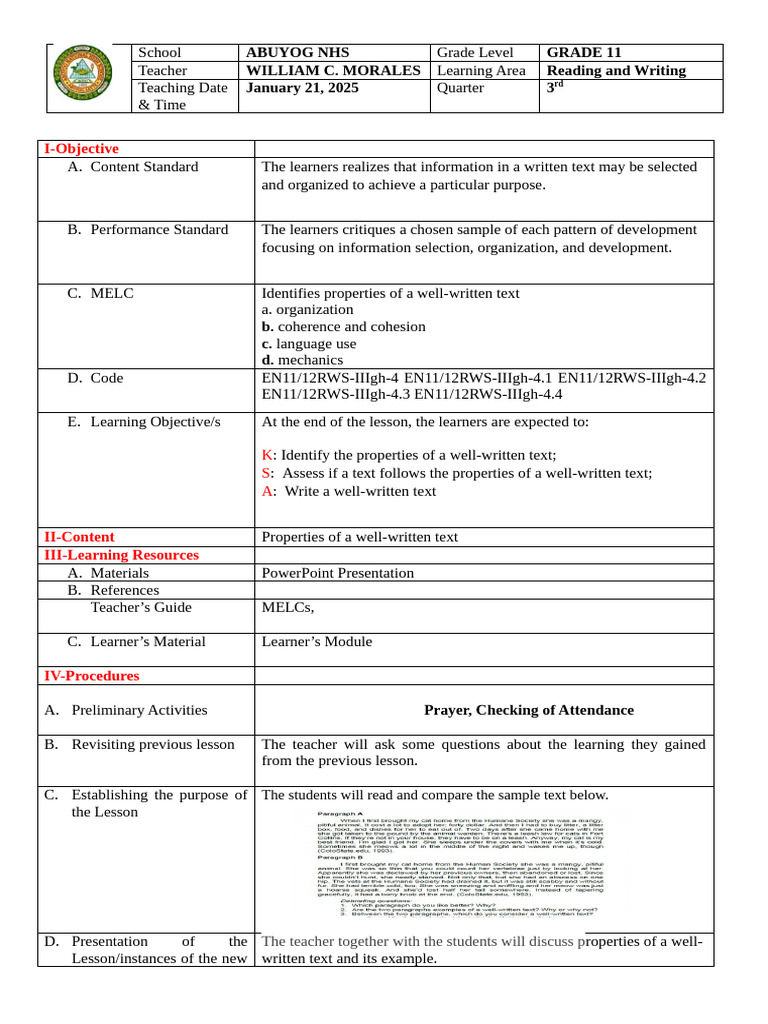 Properties of Well-Written Texts Lesson | PDF | Teachers | Behavior ...