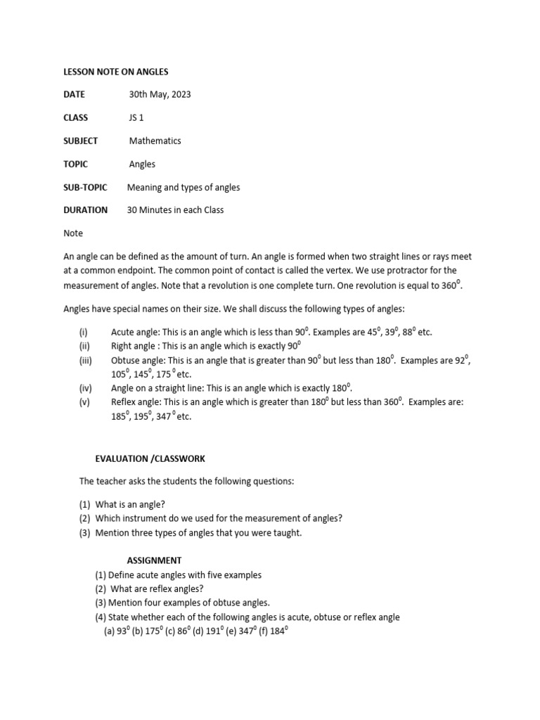 3345 - Lesson Note On Angles 30th May, 2023 | PDF