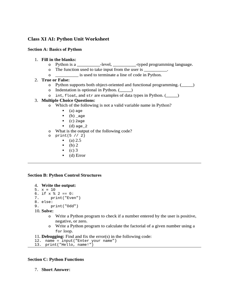 Class Xi Ai Python Worksheet | PDF | Python (Programming Language ...