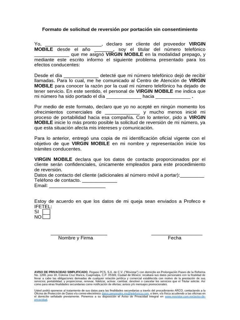 Solicitud de Reversión de Portabilidad | PDF | Privacidad