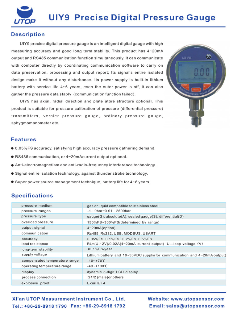 UIY9 Digital Pressure Gauge Overview | PDF | Pressure Measurement ...