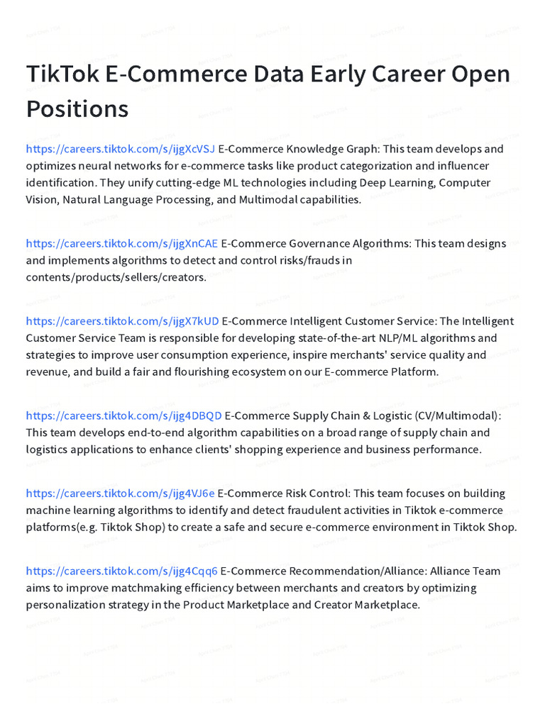 Tiktok E Commerce Data Early Career Open Positions Pdf