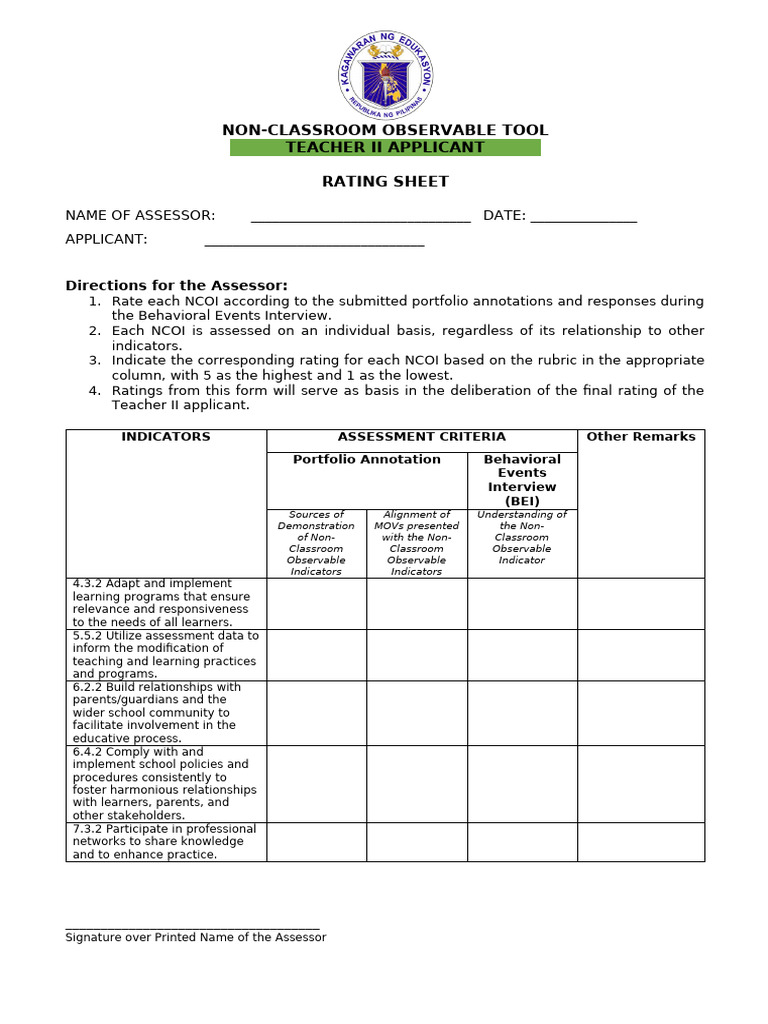 NCOI Rating Sheet for Teacher II Applicants | PDF