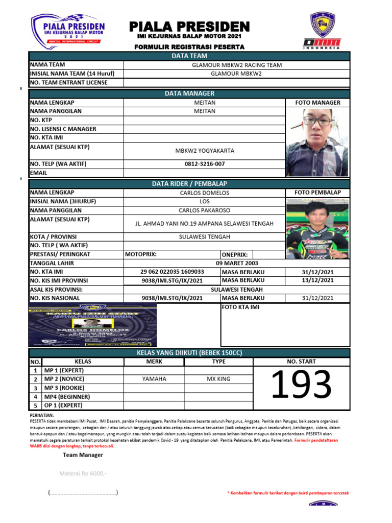 FORM PENDAFTARAN EVENT BALAP MOTOR | PDF