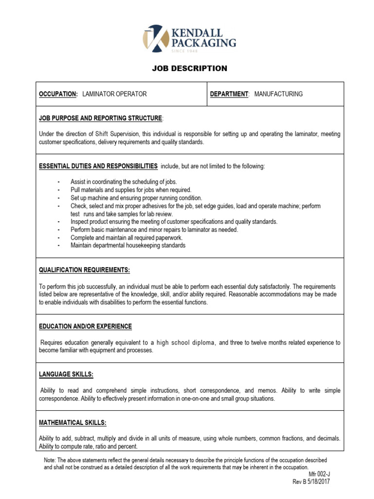 JD Laminator Operator J | PDF | Visual Perception | Percentage