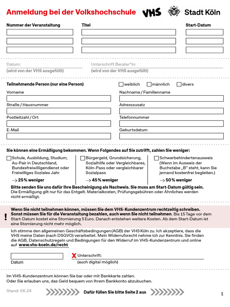VHS-Anmeldeformular Inklusive SEPA | PDF