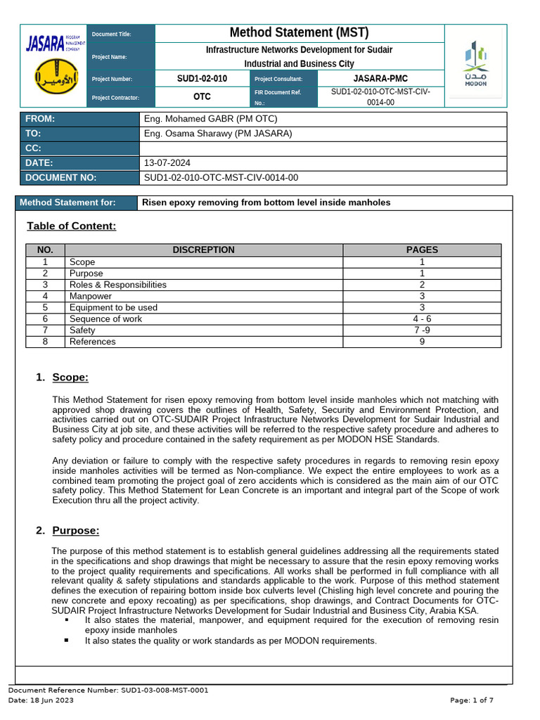 Method Statement for Epoxy Removal in Manholes | PDF | Personal ...