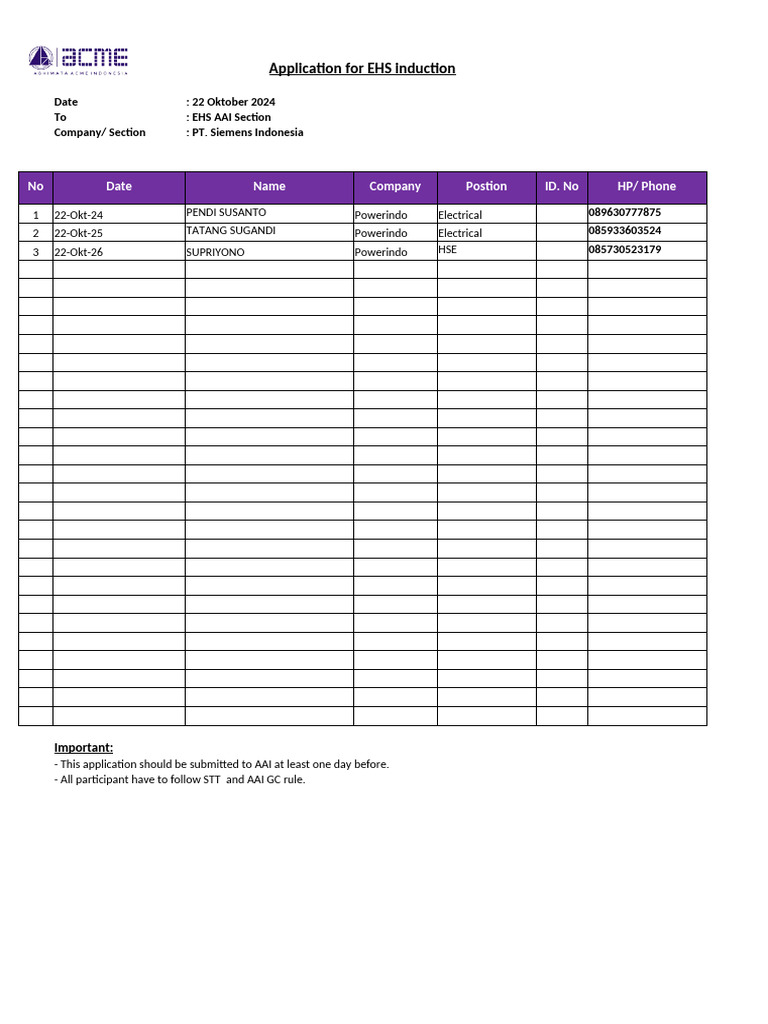 EHS Induction Application Form | PDF